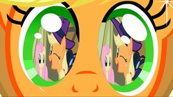 Size: 1280x718 | Tagged: safe, edit, edited screencap, screencap, applejack, fluttershy, mare do well, g4, magical mystery cure, the mysterious mare do well, a true true friend, close-up, eyes, mare do well costume, remember when you were a complete jerk