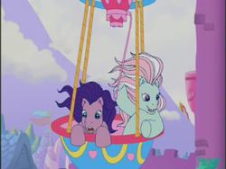 Size: 640x480 | Tagged: safe, screencap, kimono, minty, earth pony, pony, a charming birthday, g3, balloon, bipedal, bipedal leaning, duo, duo female, female, hot air balloon, leaning, looking down, mare, windswept hair, windswept mane