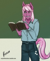 Size: 500x605 | Tagged: safe, artist:rayzor-sharp, cheerilee, earth pony, anthro, g4, 30 minute art challenge, book, human facial structure, jubilance, rule 63
