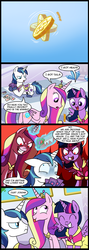 Size: 713x2000 | Tagged: safe, artist:madmax, princess cadance, shining armor, twilight sparkle, alicorn, pony, unicorn, g4, bits, card, clothes, comic, commission, commissioner:tan575, coronation dress, crosscut saw, dialogue, dress, evil smile, eyes closed, female, frown, funny, grin, heads or tails, levitation, magic, male, mare, open mouth, prone, saw, sibling teasing, sisters-in-law, smiling, spread wings, stallion, telekinesis, tongue out, twilight sparkle (alicorn), unamused, wide eyes