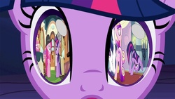 Size: 1024x576 | Tagged: safe, edit, edited screencap, screencap, pinkie pie, queen chrysalis, shining armor, twilight sparkle, a canterlot wedding, friendship is magic, g4, mmmystery on the friendship express, my little pony: friendship is magic, eyes, fake cadance, remember when you were a complete jerk