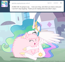 Size: 650x625 | Tagged: safe, artist:mixermike622, princess celestia, oc, oc:fluffle puff, alicorn, pony, tumblr:ask fluffle puff, g4, cute, cutelestia, female, flufflebetes, fluffy, hug, mare, ocbetes