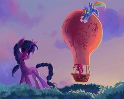 Size: 1932x1543 | Tagged: safe, artist:my-magic-dream, pinkie pie, rainbow dash, twilight sparkle, g4, alternate hairstyle, balloon, braid, braided tail, flying, sunset