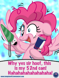 Size: 3456x4608 | Tagged: safe, artist:template93, pinkie pie, pegasus, pony, g4, crazy face, energy drink, faic, female, hand puppet, hat, high res, mismatched eyes, party hat, red bull, red bull gives you wings, shrunken pupils, solo, we are all gonna die!, wings, xk-class end-of-the-world scenario