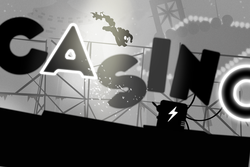 Size: 1200x800 | Tagged: safe, artist:pixelkitties, gummy, neon lights, pinkie pie, rising star, alligator, earth pony, pony, g4, casino, crossover, electricity, grayscale, las vegas, limbo (video game), monochrome, sign, silhouette, unicon