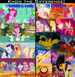 Size: 1018x1053 | Tagged: safe, artist:elfman83ml, edit, edited screencap, screencap, applejack, bow tie (g1), bright eyes, cheval, dazzleglow, fluttershy, lickety-split, masquerade (g1), meadowlark, megan williams, moondancer (g1), pinkie pie, pound cake, pumpkin cake, rainbow dash, rarity, spike (g1), sweetheart, twilight sparkle, wind whistler, alicorn, dragon, earth pony, pegasus, pony, stratadon, unicorn, g1, g4, my little pony 'n friends, my little pony tales, rescue at midnight castle, chains, collar, colt, crying, female, filly, foal, know the difference, male, mare, padlock, satire, tied up, unicorn twilight, vine