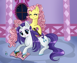 Size: 850x700 | Tagged: safe, artist:meowkin, fluttershy, rarity, pegasus, pony, unicorn, g4, alternate hairstyle, duo, makeover