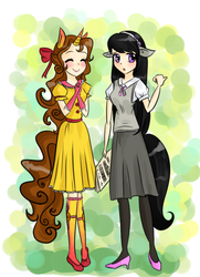 Size: 725x1000 | Tagged: safe, artist:meowkin, octavia melody, oc, human, g4, clothes, duo, duo female, eared humanization, female, horn, horned humanization, humanized, skinny, skirt, tailed humanization, thin