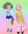 Size: 700x850 | Tagged: safe, artist:meowkin, fluttershy, rainbow dash, human, g4, armpits, clothes, duo, duo female, eared humanization, female, flattershy, gradient background, humanized, skinny, skirt, tailed humanization, tank top, thin, winged humanization