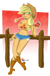 Size: 800x1226 | Tagged: safe, artist:sp85, applejack, human, g4, belly button, female, humanized, midriff, solo