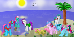 Size: 1638x819 | Tagged: safe, artist:elfman83ml, buttons (g1), cupcake (g1), fizzy, minty, posey, rainbow dash (g3), g1, g3