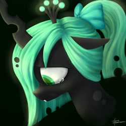 Size: 2200x2200 | Tagged: safe, artist:ifthemainecoon, queen chrysalis, changeling, changeling queen, nymph, g4, crown, crying, cute, cutealis, female, high ponytail, jewelry, ponytail, regalia, ribbon