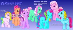 Size: 1600x663 | Tagged: safe, artist:elfman83ml, minty, pinkie pie (g3), rainbow dash (g3), rarity (g3), sew-and-so (g3), thistle whistle, wysteria, earth pony, pony, unicorn, g3, my little pony live, angry, confused, cute, female, lesbian, madorable, mare, missing cutie mark, no cutie marks because im lazy, scolding, teenager, wat