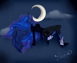 Size: 1527x1245 | Tagged: safe, artist:captainkaddy, princess luna, human, g4, crescent moon, female, horn, horned humanization, humanized, pony coloring, solo, tangible heavenly object, winged humanization