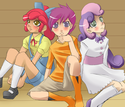 Size: 3000x2550 | Tagged: safe, artist:quila111, apple bloom, scootaloo, sweetie belle, human, g4, clothes, cutie mark crusaders, dress, humanized
