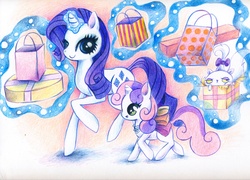 Size: 3507x2523 | Tagged: safe, artist:xxswanfeather, opalescence, rarity, sweetie belle, g4, shopping, traditional art