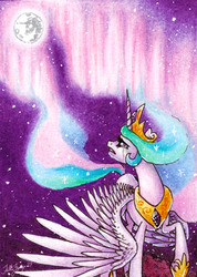 Size: 400x561 | Tagged: safe, artist:fallenzephyr, princess celestia, pony, g4, aurora borealis, crying, female, mare in the moon, moon, solo, traditional art