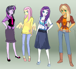 Size: 700x639 | Tagged: safe, artist:klinanime, applejack, fluttershy, rarity, twilight sparkle, human, g4, horn, horned humanization, humanized, pony coloring, winged humanization