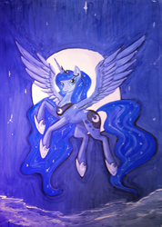 Size: 2089x2937 | Tagged: safe, artist:dalagar, princess luna, alicorn, pony, g4, female, mare, moon, solo, traditional art