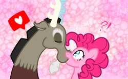 Size: 480x300 | Tagged: safe, discord, pinkie pie, g4, blushing, female, heart, kissing, male, ship:discopie, shipping, straight