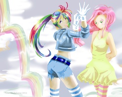 Size: 1000x800 | Tagged: safe, artist:ohvelveteena, fluttershy, rainbow dash, human, g4, humanized