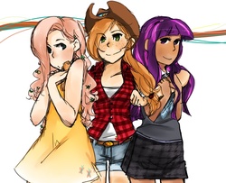 Size: 1000x811 | Tagged: safe, artist:kyuura-jii, applejack, fluttershy, twilight sparkle, human, g4, dark skin, humanized