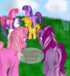 Size: 530x572 | Tagged: safe, artist:elfman83ml, applejack, pinkie pie, pinkie pie (g3), rarity, twilight sparkle, wysteria, oc, g3, g4, angry, butt, cloud, cute, duo, duo female, female, generational ponidox, madorable, missing cutie mark, plot, smiling, speech, speech bubble, talking, wysteri-ass