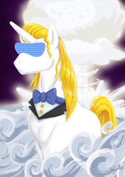 Size: 744x1052 | Tagged: safe, artist:dawnallies, prince blueblood, pony, g4, badass, cool guys don't look at explosions, explosion, male, mushroom cloud, shutter shades, solo, sunglasses, swag