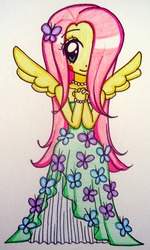 Size: 400x668 | Tagged: safe, artist:suusj-chan, fluttershy, human, g4, female, humanized, solo, traditional art, winged humanization