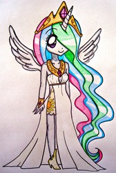 Size: 550x820 | Tagged: safe, artist:suusj-chan, princess celestia, human, g4, female, horn, horned humanization, humanized, solo, traditional art, winged humanization