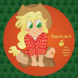 Size: 650x650 | Tagged: safe, artist:caramelcookie, applejack, human, g4, female, humanized, sitting, solo
