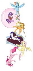 Size: 730x1561 | Tagged: safe, artist:ya0427, applejack, fluttershy, pinkie pie, rainbow dash, rarity, twilight sparkle, g4, book, couch, flying, mane six, pile, rope, suspended