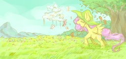 Size: 1280x600 | Tagged: safe, artist:chung-sae, fluttershy, butterfly, g4, cloudsdale, field, grass, hat, scenery, tree