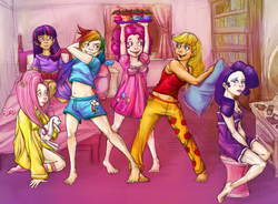 Size: 900x663 | Tagged: safe, artist:scrapcity, applejack, fluttershy, pinkie pie, rainbow dash, rarity, twilight sparkle, human, g4, belly button, humanized, mane six, midriff