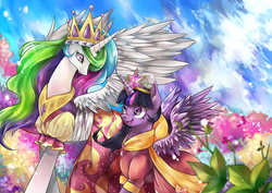 Size: 1280x905 | Tagged: safe, artist:greyradian, princess celestia, twilight sparkle, alicorn, pony, g4, clothes, coronation dress, dress, female, mare, twilight sparkle (alicorn)