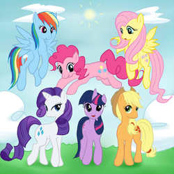 Size: 900x900 | Tagged: safe, artist:keltzy, applejack, fluttershy, pinkie pie, rainbow dash, rarity, twilight sparkle, g4, mane six