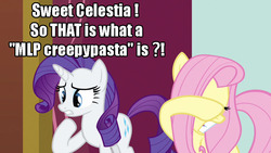 Size: 800x450 | Tagged: safe, fluttershy, rarity, g4, creepypasta, discovery, image macro, reaction, scared, shocked