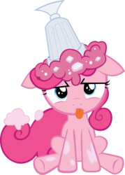 Size: 3153x4401 | Tagged: safe, pinkie pie, earth pony, pony, g4, :p, cup, cute, diapinkes, female, filly, floppy ears, frown, glare, ice, looking at you, messy, silly, simple background, sitting, smoothie, spilled, tongue out, transparent background, unamused, underhoof, younger