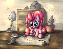 Size: 1500x1159 | Tagged: safe, artist:leadhooves, cloudy quartz, igneous rock pie, limestone pie, marble pie, pinkie pie, earth pony, pony, g4, crayon, drawing, female, filly, filly pinkie pie, rock, ship:quartzrock, shovel, solo focus, tape, younger