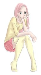 Size: 665x1201 | Tagged: safe, artist:stellachan, fluttershy, human, g4, clothes, female, humanized, missing shoes, sitting, skirt, socks, solo