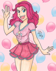 Size: 688x876 | Tagged: safe, artist:kyley, pinkie pie, human, g4, balloon, female, humanized, solo, traditional art