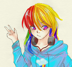 Size: 2100x1954 | Tagged: safe, artist:hyouden, rainbow dash, human, g4, female, headphones, humanized, solo