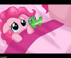 Size: 900x731 | Tagged: safe, artist:ninja-8004, granny pie, gummy, pinkie pie, g4, bed, blanket, cute, diapinkes, duo, female, filly, filly pinkie pie, floppy ears, younger