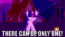 Size: 500x283 | Tagged: safe, edit, edited screencap, screencap, twilight sparkle, alicorn, pony, g4, magical mystery cure, animated, female, highlander, hub logo, image macro, mare, there can be only one, twilight sparkle (alicorn)