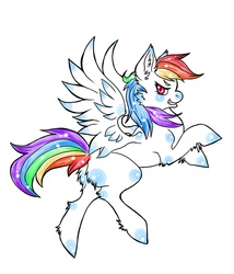 Size: 1250x1458 | Tagged: safe, artist:theasininecanine, rainbow dash, pegasus, pony, g4, butt, butt fluff, cheek fluff, colored pupils, ear fluff, female, flying, glare, grin, hoof fluff, leg fluff, lidded eyes, looking at you, mare, missing cutie mark, plot, profile, simple background, smiling, smirk, solo, spread wings, white background, wings
