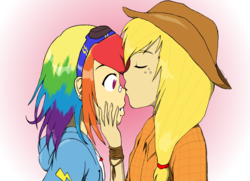 Size: 2500x1807 | Tagged: safe, artist:senaris, applejack, rainbow dash, human, g4, female, humanized, kissing, lesbian, ship:appledash, shipping