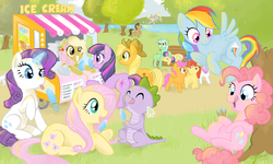 Size: 1500x900 | Tagged: dead source, safe, artist:elenaboosy, apple bloom, applejack, bon bon, derpy hooves, doctor whooves, fluttershy, lyra heartstrings, pinkie pie, rainbow dash, rarity, scootaloo, spike, sweetie belle, sweetie drops, time turner, twilight sparkle, oc, dragon, earth pony, pegasus, pony, unicorn, g4, bench, blowing bubbles, bubble, cutie mark crusaders, female, food, horn, ice cream, ice cream stand, mane seven, mane six, mare, outdoors, park, popsicle, sea salt ice cream, stall