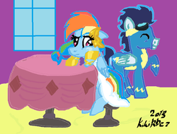 Size: 700x531 | Tagged: safe, artist:monnarcha, rainbow dash, soarin', g4, the best night ever, clothes, dress, female, gala, gala dress, gown, grand galloping gala, male, ship:soarindash, shipping, straight, table