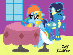 Size: 700x531 | Tagged: safe, artist:monnarcha, rainbow dash, soarin', g4, the best night ever, clothes, dress, female, gala, gala dress, gown, grand galloping gala, male, mare, ship:soarindash, shipping, stallion, straight, table, uniform, wonderbolts uniform