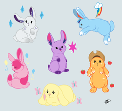 Size: 1000x904 | Tagged: dead source, safe, artist:meggchan, applejack, fluttershy, pinkie pie, rainbow dash, rarity, twilight sparkle, rabbit, g4, bunnified, bunny pie, bunny sparkle, bunnyjack, bunnyshy, cute, gray background, mane six, rabbit dash, rabbity, simple background, species swap